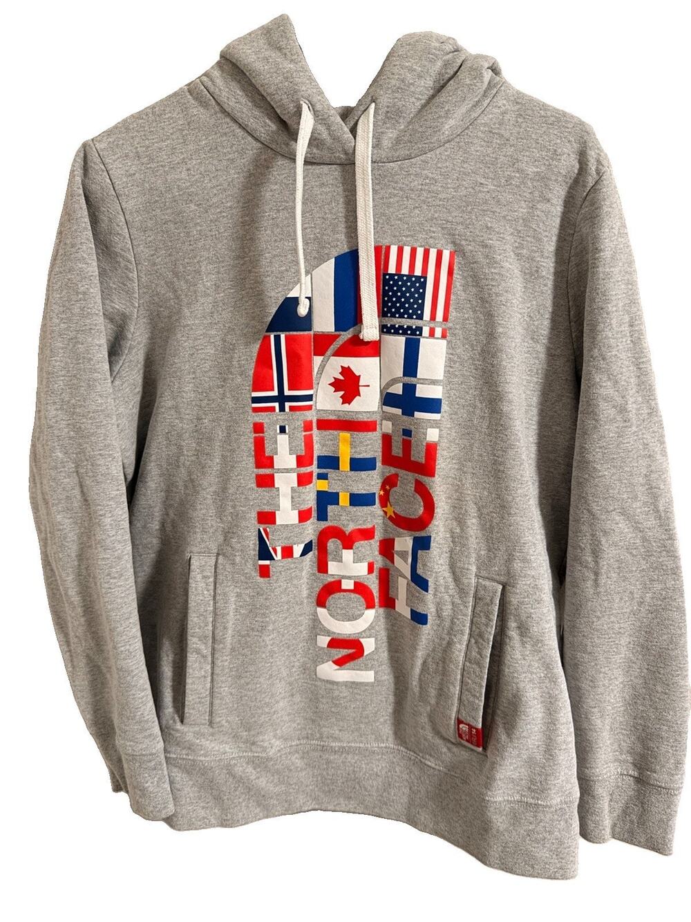 The North Face Women XL Hoodie Gray Flag Logo Pullover Sweatshirt RU/14